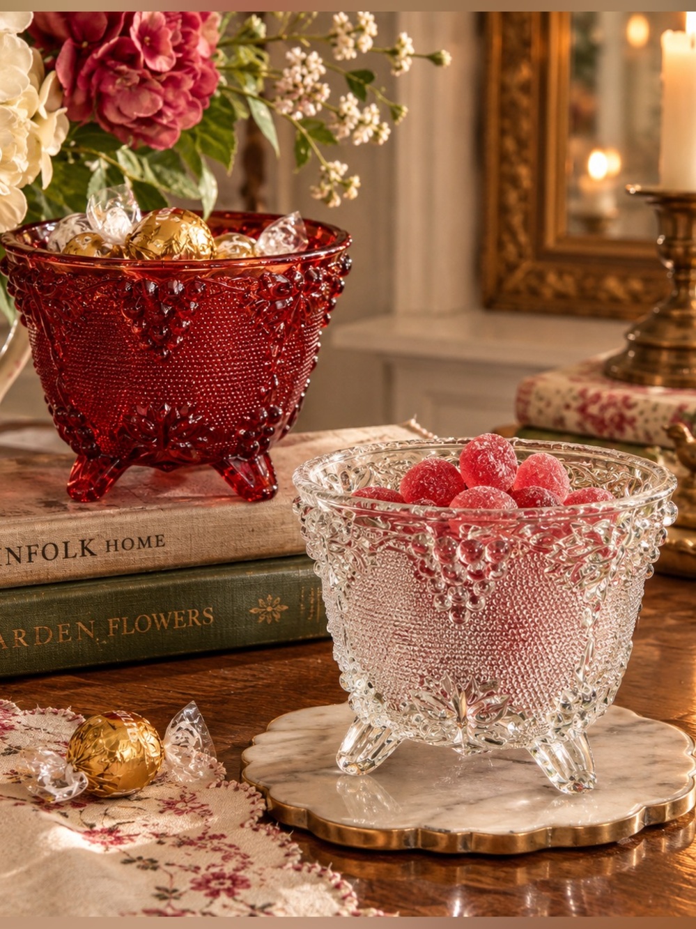 Vintage Jeannette Glass Harvest Grape Footed Candy Dishes - Red & Clear - No Lid